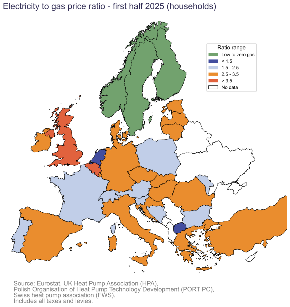 Electricity to gas price ratio map - first half 2025. Graphic: EHPA